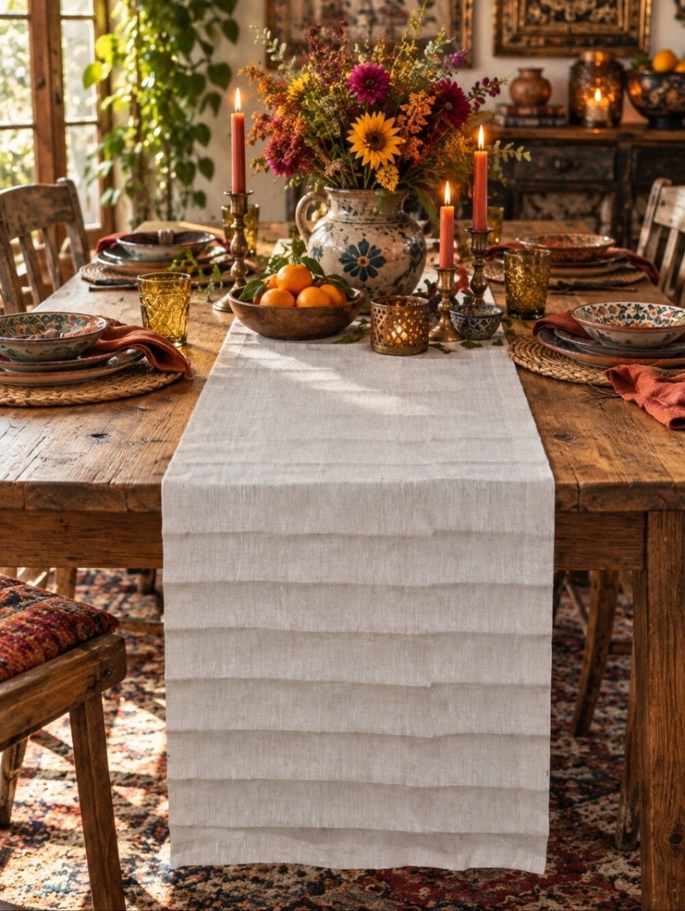 4/$15 Boho Cottagecore Linen Table Runner 14x72 Natural Ivory Farmhouse Rustic